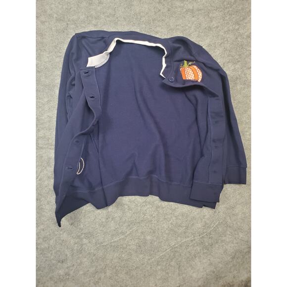 Women's Small Navy Blue Fall Pumpkin Embroidered Button Up Sweatshirt Cardigan - Picture 5 of 6